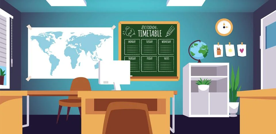 Empty geography classroom in school or university, flat vector illustration. Stock Illustration