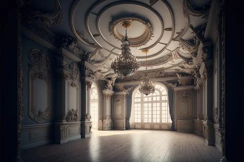 An empty glamorous rococo baroque ballroom generated by AI Stock Illustration