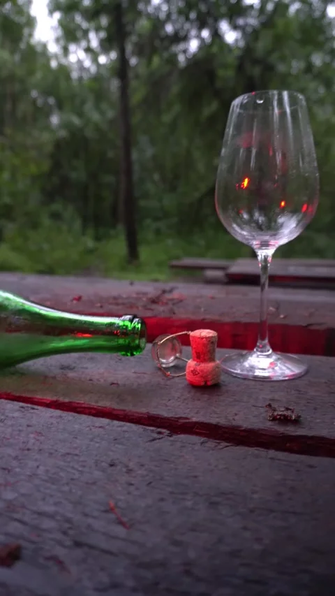 An empty glass and a green bottle on a wooden table in the forest. Stock Footage 320569841
