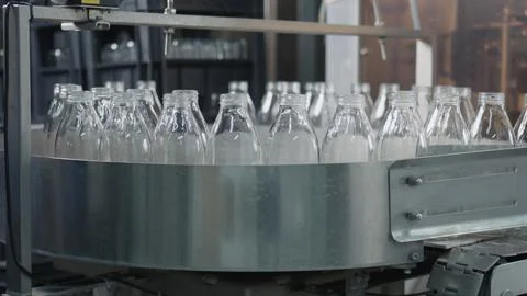 Empty glass bottles moving on conveyor belt in dairy factory Stock Illustration