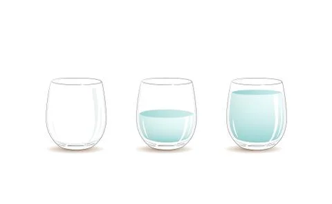 Empty glass, half full and full glass of clear cold water. Vector graphic Stock Illustration