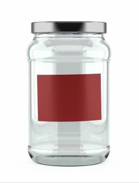 Empty glass jar with red label Stock Photos