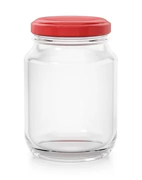 Empty glass jar with red lids isolated on white background. 3D illustration Stock Illustration