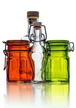 Empty glass jars and empty little glass bottle with clamp stopper 스톡 사진