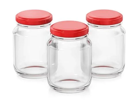 Empty glass jars with red lids isolated on white background. 3D illustration Stock Illustration