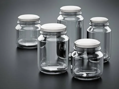 Empty glass jars with white lids isolated on black background. 3D illustra... Foto stock