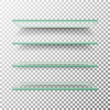 Empty Glass Shelves Template Vector Set. Alike Glass Shelves On Transparent Grey Stock Illustration