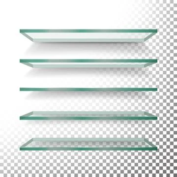 Empty Glass Shelves Template Vector Set. Realistic Transparent Blue Glass Stock Illustration
