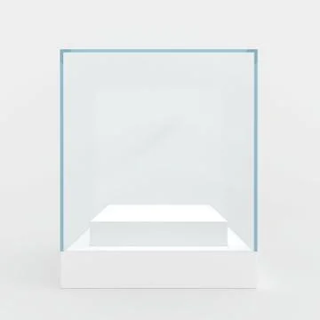 Empty glass showcase. 3d render. isolated on gray background Illustrazione stock