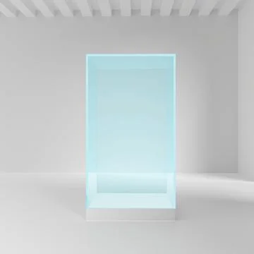 Empty glass showcase in cube shape for presentation on white Stock Illustration