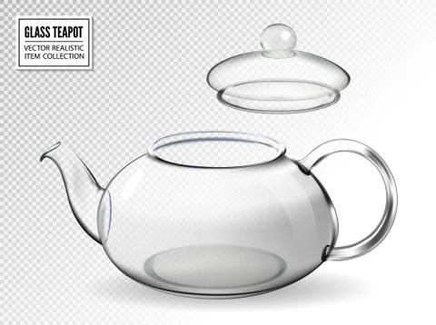 Empty glass teapot on transparent background. Realistic vector kettle with open Иллюстрация