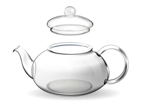 Empty glass teapot on white background. Kettle with open lid. Stock Illustration