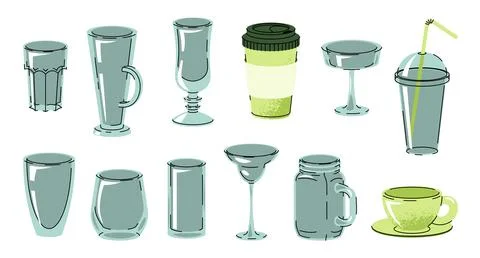Empty glasses and cups collection, flat design vector set isolated on white Stock Illustration
