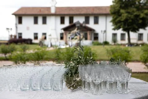 Empty glasses and olive branches laid out on table for outdoor wedding rece.. 스톡 사진