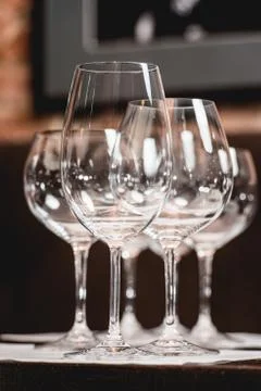 Empty glasses of different shapes served for a wine tasting Stock Photos