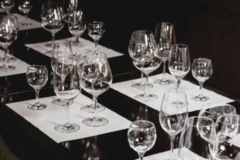 Empty glasses of different shapes served for a wine tasting Stock Photos