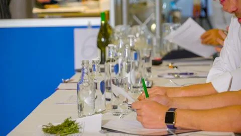 The empty glasses on the long table in a restaurant 写真素材