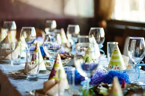 Empty glasses set in restaurant. birthday Stock Photos