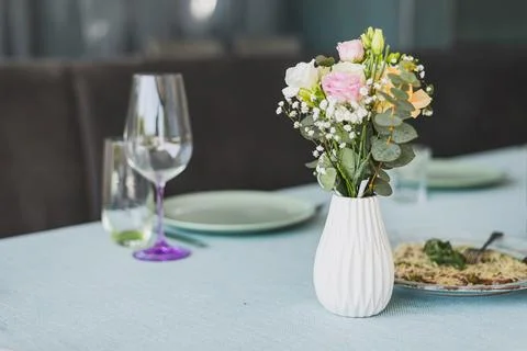 Empty glasses set in restaurant. Part of interior Stock Photos