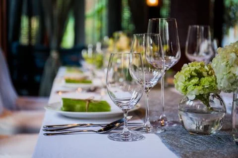 Empty glasses set in restaurant Stock Photos
