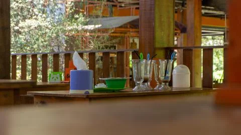 Empty glasses set on table restaurant Stock Photos