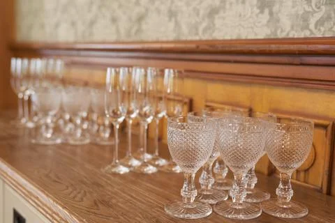 Empty glasses, standing on the table in the restaurant. Empty whiskey glasses. A Stock Photos