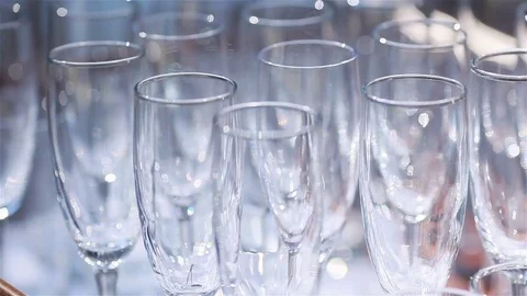 Empty glasses on table macro close up rack focus shallow dof. Many clean glasses Stock Footage 71290579