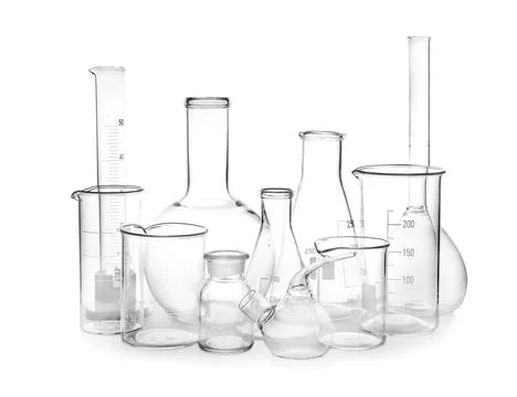 Empty glassware isolated on white. Laboratory analysis Stock Photos