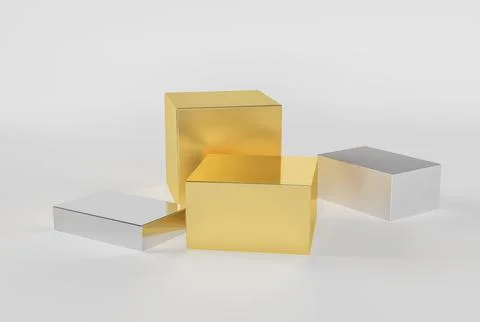 Empty gloss silver and gold cube., ellipse pedestal of product placement.,box Illustrazione stock
