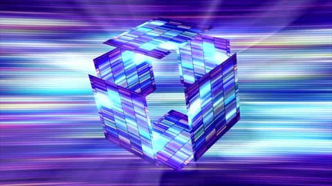 Empty glowing cube in cyberspace. Motion. Futuristic glowing cube decomposing Stock Footage 164918618