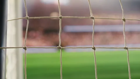 Empty goal net and post in soccer field viewed from behind rope Stock Footage 338000114