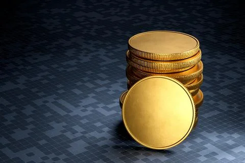 Empty gold coins on digital background. 3d render. 스톡 일러스트