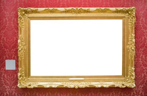 Empty gold frame and label on red wallpaper Stock Photos
