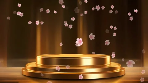 Empty golden circular podium with falling cherry blossom petals against a dark Video stock 346139537