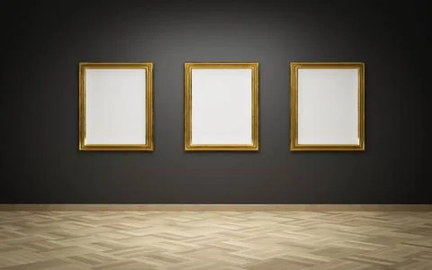 Empty golden picture frames with blank canvas on black wall in art gallery Stock Illustration