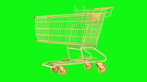 Empty golden shopping cart loop rotate on green chromakey background Stock Footage 22023345