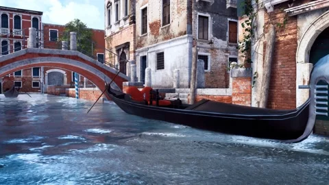 Empty gondola anb old bridge over canal in Venice 4K Vidéo 108608648