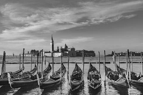 Empty gondolas at St. Mark's square in early morning, Venice Stock Photos