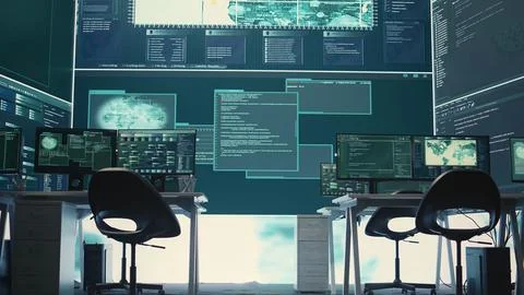 Empty governmental cyber security room with computers and software displays Stock Photos