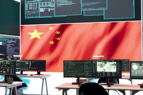 Empty governmental hacking room with chinese flag on a big screen Stock Photos