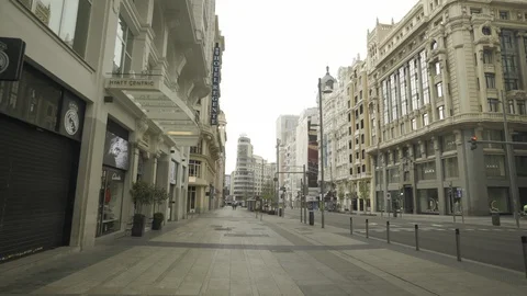 Empty Gran Via in Madrid during coronavirus lockdown Stock Footage 127607358