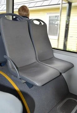 Empty Gray Bus Seats Interior Public Transport Passenger Vehicle Urban Foto stock