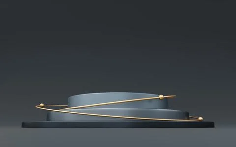 Empty gray cylinder podium and gold circle and ball on black background. Ab.. Stock Illustration