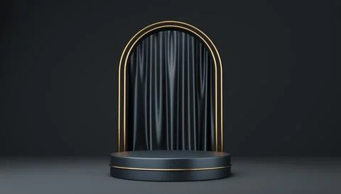 Empty gray cylinder podium and gold circle on black arch and curtain backgr.. Stock Illustration