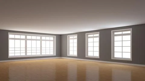 Empty Gray Interior with Four Windows, Light Glossy Parquet Floor Stock Illustration