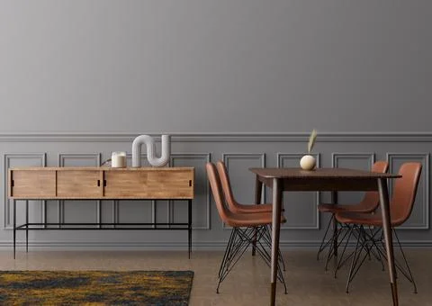Empty gray wall in modern dining room. Mock up interior in contemporary style Stock Photos