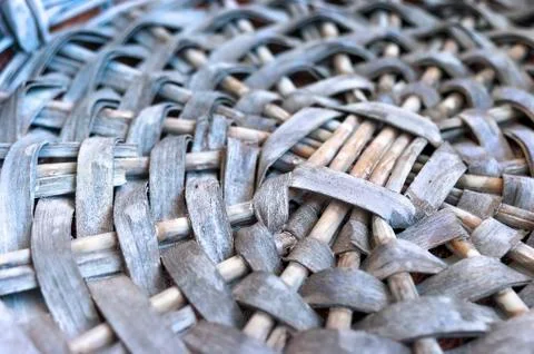 Empty Gray Wicker Basket Base, Circular Pattern, Closeup. Stock Photos