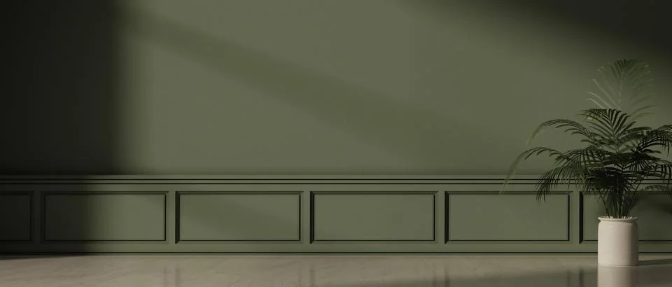 Empty green classic wall featuring wainscoting over white marble floor and .. Ilustração Stock