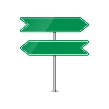 Empty Green Direction Sign - Blank roadsign in green color isolated on white  Illustrazione stock