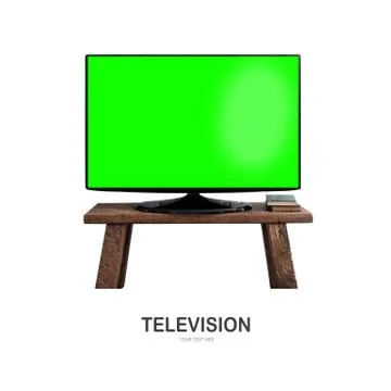 Empty green flat TV screen on wood stand Stock Photos